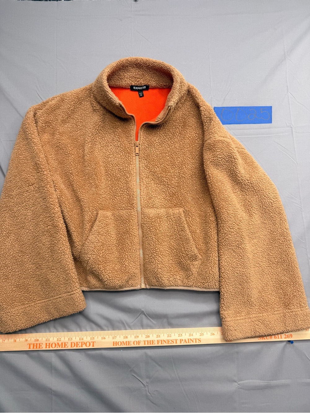 Express Camel Teddy Fleece Zip Jacket with Orange Lining